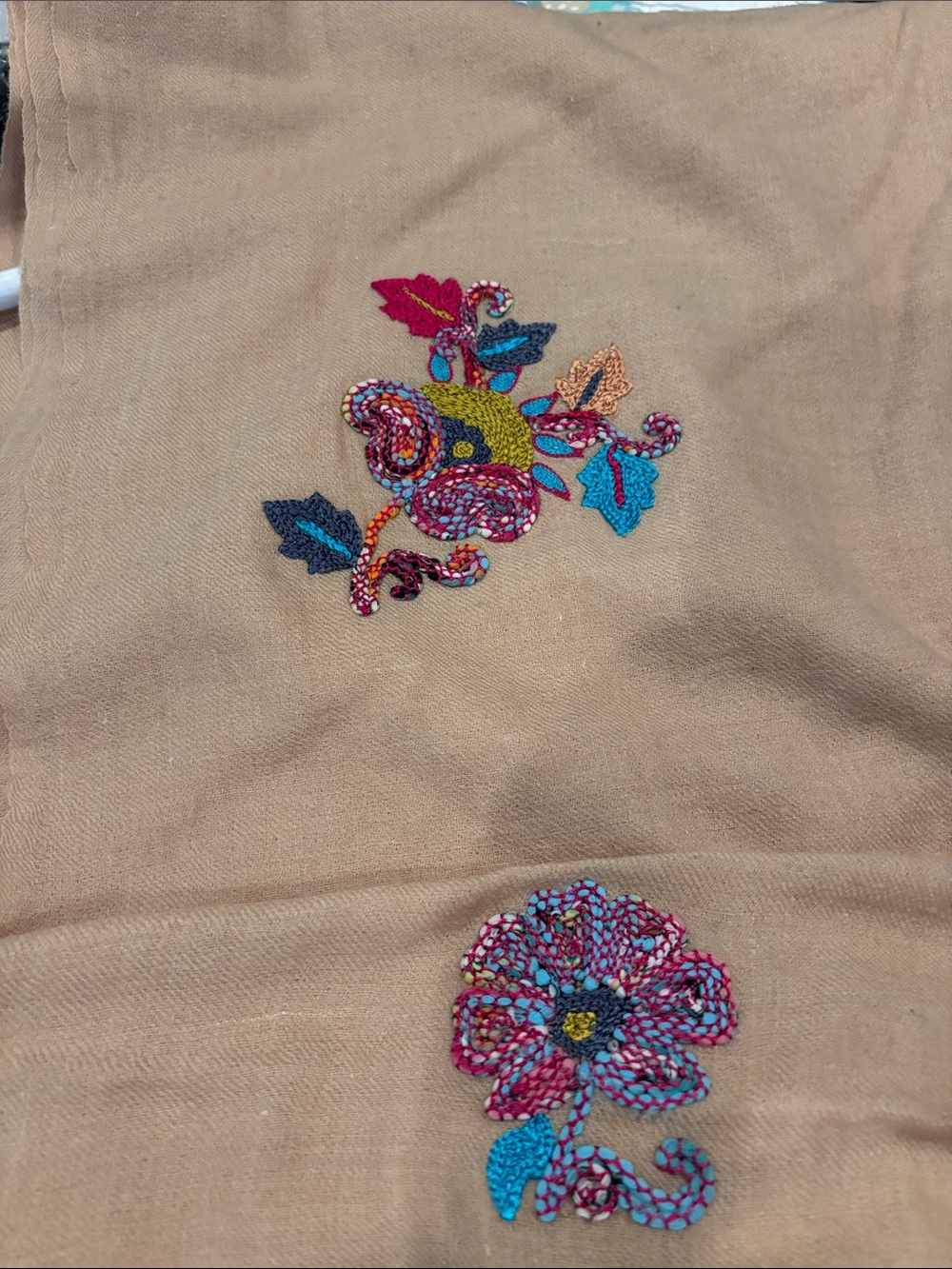 Light weight Embroidered Beige wrap with Multicolor Floral Accents